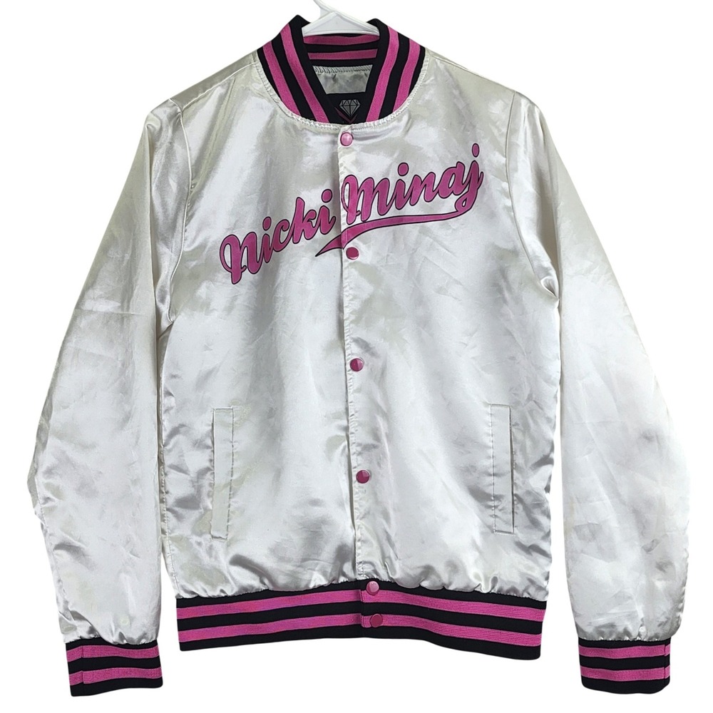 Nicki Minaj Satin Varsity Bomber Jacket Womens M White Pink‎ Graphic Streetwear